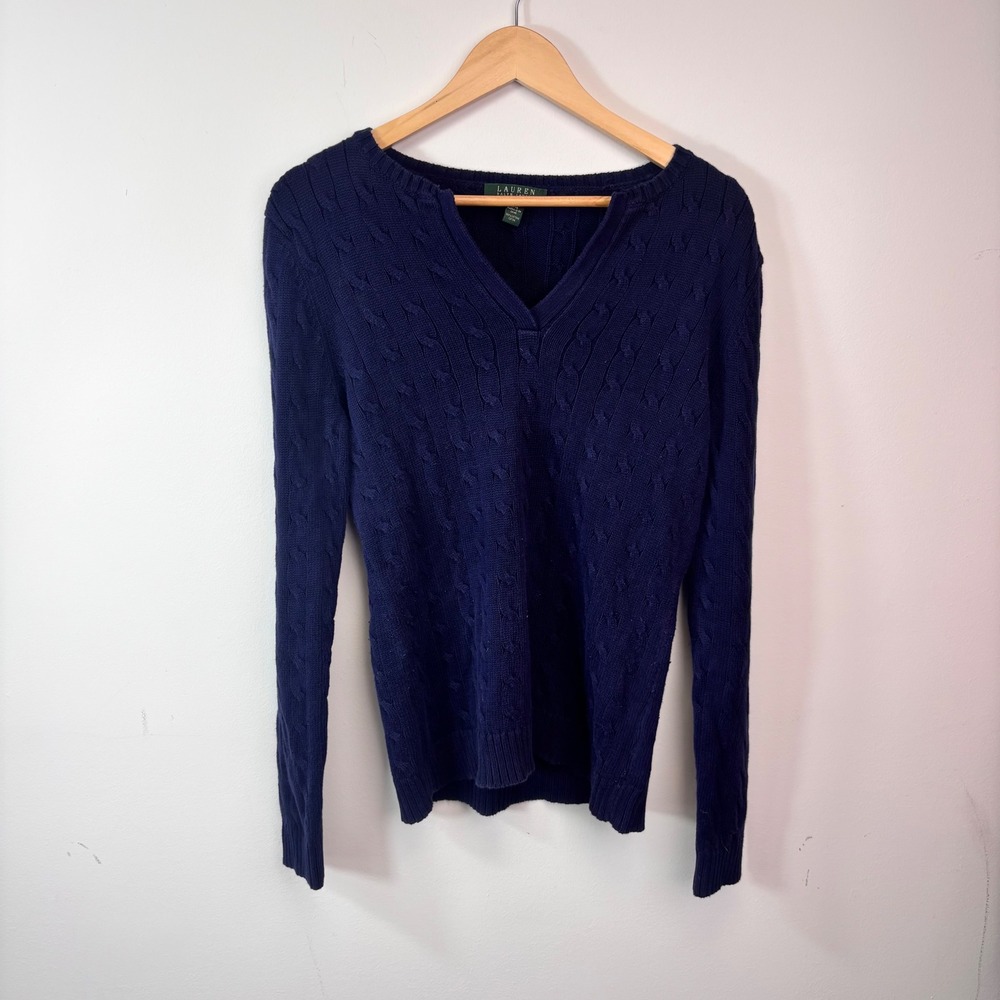 Lauren Ralph Lauren Navy Cable Knit V Neck Sweater Large Preppy Cotton